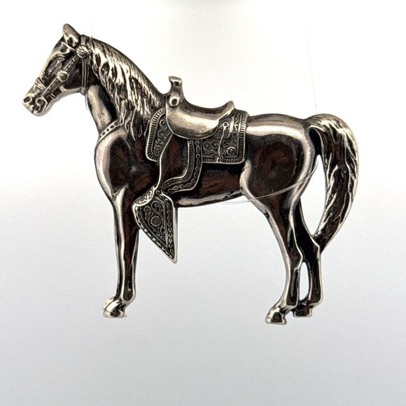 Estate Sterling Silver 925 Horse Brooch Pin Detailed Saddle Western Cowboy - Picture 1 of 8